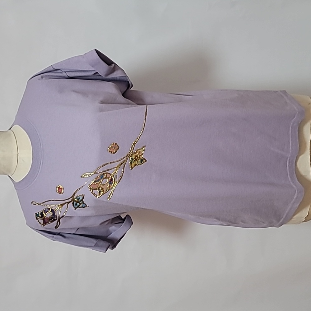 Wearable Art T-Shirt with Cross Shoulder Flower Embellishments